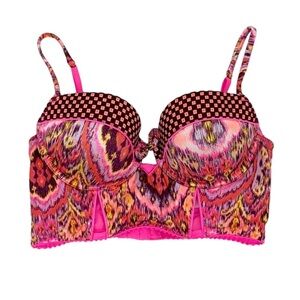 Victoria’s Secret Hot Pink Multi Boho Aztec Geometric Bustier Bikini Size 32C